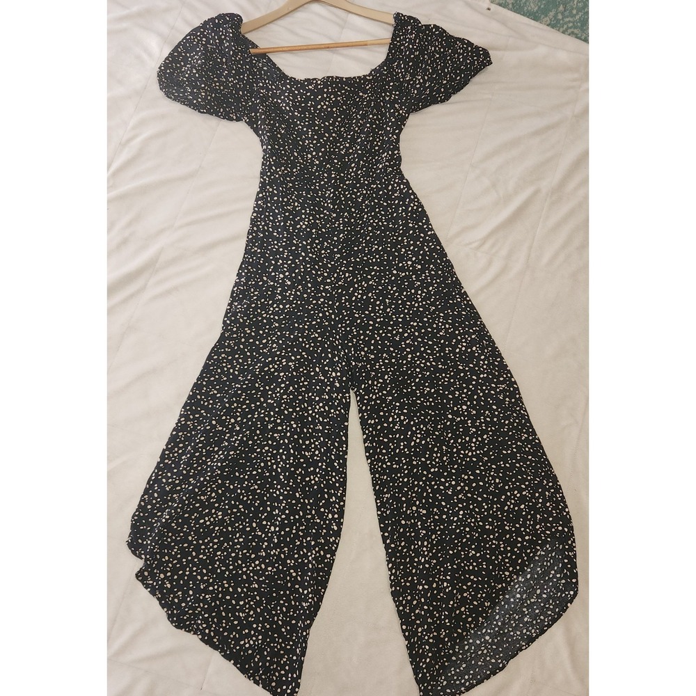 Miami Black & tan polkadot wide leg jumpsuit Girls Large 10/12 Open tie back